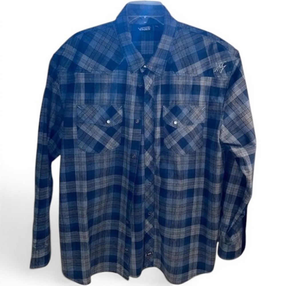 VANS Western Style Midweight Pearl Snaps Blue Plaid Long Sleeve Shirt Size XXL
